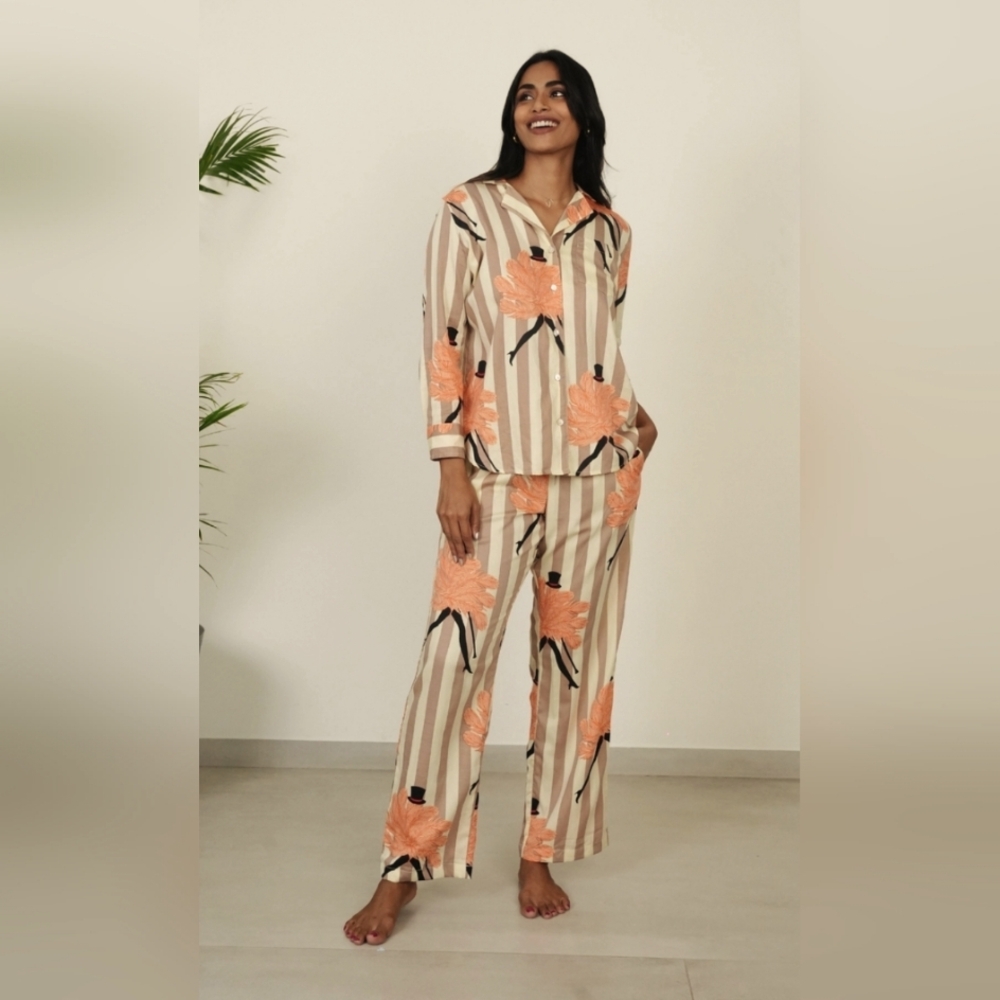 Striped Pajama Set with Feather Design